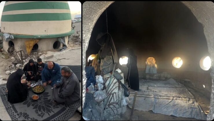 Ramazan ayının buruk geçtiği Gazze’de Filistinli aile yıkılan caminin kubbesinde iftar yapıyor