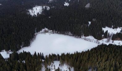 Artvin’in “sakin şehir” ünvanlı Şavşat ilçesindeki Karagöl’ün yüzeyi buz tuttu